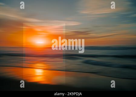 Door to Tomorrow. Futuristic creative abstract seascape background, sunset over the sea in bright colors Stock Photo