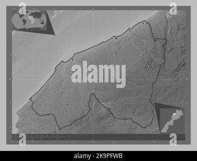 Casablanca-Settat, region of Morocco. Grayscale elevation map with lakes and rivers. Locations of major cities of the region. Corner auxiliary locatio Stock Photo