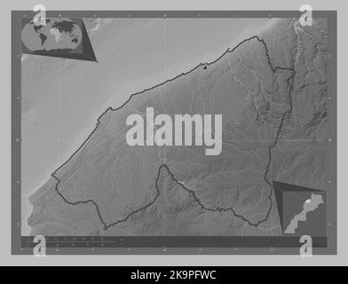 Casablanca-Settat, region of Morocco. Grayscale elevation map with lakes and rivers. Corner auxiliary location maps Stock Photo