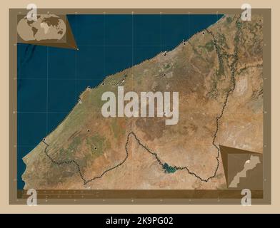 Casablanca-Settat, region of Morocco. Low resolution satellite map. Locations of major cities of the region. Corner auxiliary location maps Stock Photo