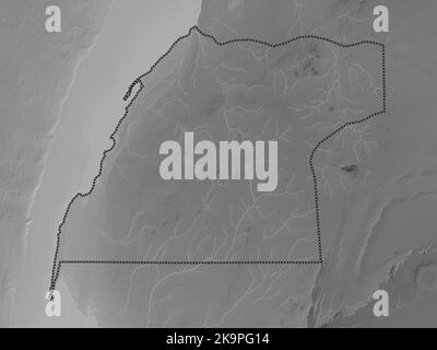 Dakhla-Oued Ed-Dahab, region of Morocco. Grayscale elevation map with lakes and rivers Stock Photo