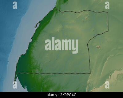 Dakhla-Oued Ed-Dahab, region of Morocco. Colored elevation map with lakes and rivers Stock Photo