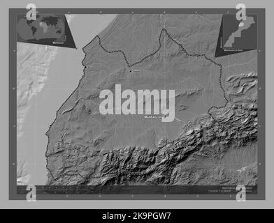 Marrakech-Safi, region of Morocco. Bilevel elevation map with lakes and rivers. Locations and names of major cities of the region. Corner auxiliary lo Stock Photo