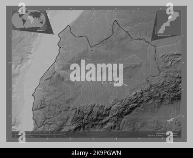 Marrakech-Safi, region of Morocco. Grayscale elevation map with lakes and rivers. Locations and names of major cities of the region. Corner auxiliary Stock Photo