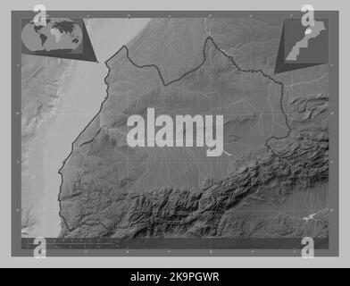 Marrakech-Safi, region of Morocco. Grayscale elevation map with lakes and rivers. Corner auxiliary location maps Stock Photo