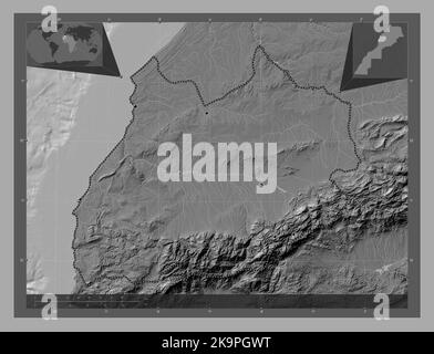 Marrakech-Safi, region of Morocco. Bilevel elevation map with lakes and rivers. Locations of major cities of the region. Corner auxiliary location map Stock Photo