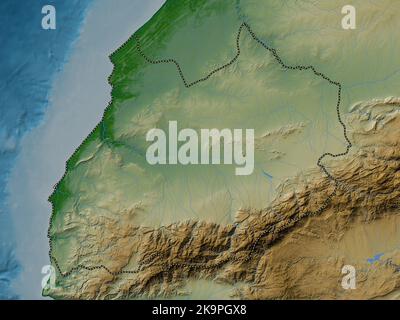 Marrakech-Safi, region of Morocco. Colored elevation map with lakes and rivers Stock Photo