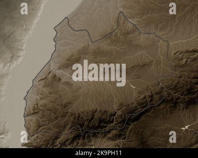 Marrakech-Safi, region of Morocco. Elevation map colored in sepia tones with lakes and rivers Stock Photo