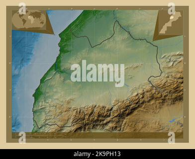 Marrakech-Safi, region of Morocco. Colored elevation map with lakes and rivers. Corner auxiliary location maps Stock Photo