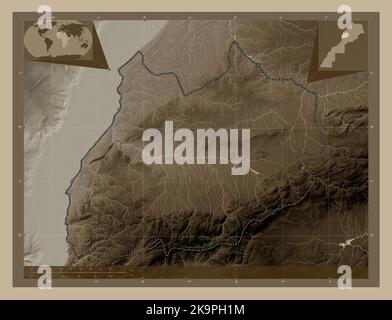 Marrakech-Safi, region of Morocco. Elevation map colored in sepia tones with lakes and rivers. Corner auxiliary location maps Stock Photo