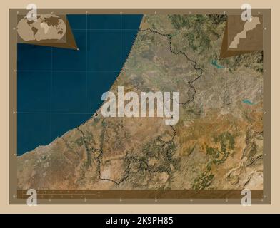 Rabat-Sale-Kenitra, region of Morocco. Low resolution satellite map. Corner auxiliary location maps Stock Photo