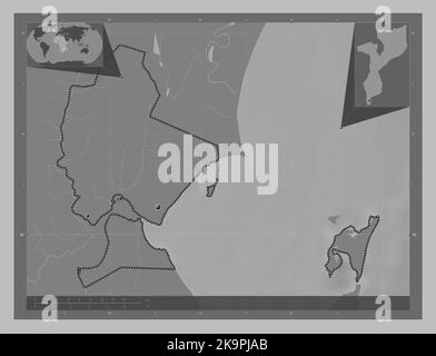 Maputo City, province of Mozambique. Grayscale elevation map with lakes and rivers. Locations of major cities of the region. Corner auxiliary location Stock Photo