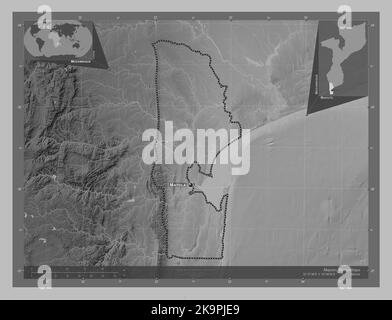 Maputo, province of Mozambique. Grayscale elevation map with lakes and rivers. Locations and names of major cities of the region. Corner auxiliary loc Stock Photo