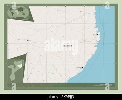 Nampula, province of Mozambique. Open Street Map. Locations and names of major cities of the region. Corner auxiliary location maps Stock Photo