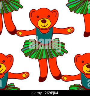Seamless hand drawn cartoon pattern with cute dancing bear wearing ballet skirt. Wallpaper design for kids Stock Vector