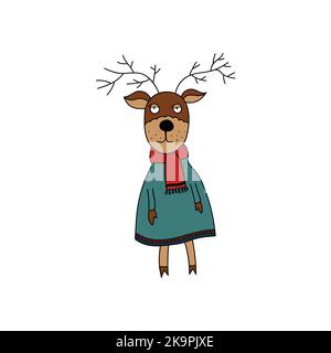 Funny animal. Cute deer dressed in coat, scarf and cap. Cartoon style. Vector illustration for coloring book, stickers, cards. Stock Vector