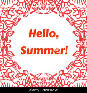 Abstract decorative frame with different objects. Hello summer card. Stock Vector