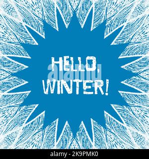 Hello Winter lettering on colorful background with doodle decorative frame. Stock Vector
