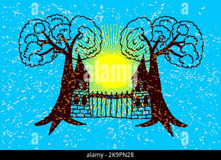 Blue abstract background with two trees and castle. Stock Vector