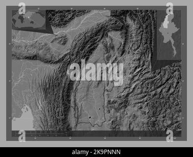 Sagaing, division of Myanmar. Bilevel elevation map with lakes and rivers. Locations of major cities of the region. Corner auxiliary location maps Stock Photo