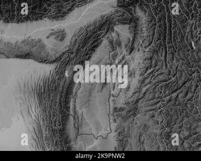 Sagaing, division of Myanmar. Grayscale elevation map with lakes and rivers Stock Photo