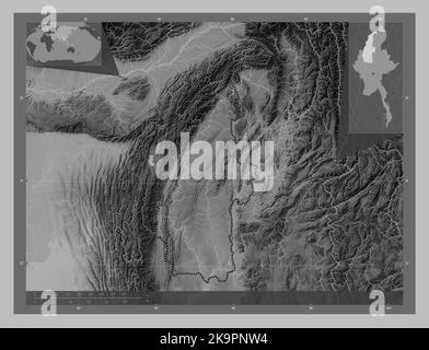 Sagaing, division of Myanmar. Grayscale elevation map with lakes and rivers. Corner auxiliary location maps Stock Photo