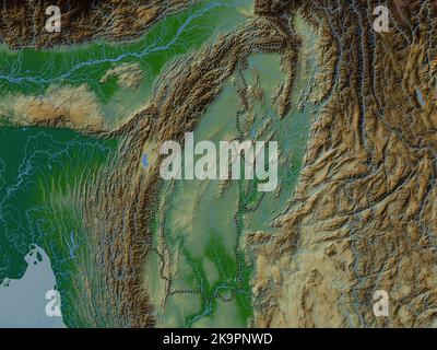 Sagaing, division of Myanmar. Colored elevation map with lakes and rivers Stock Photo