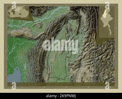 Sagaing, division of Myanmar. Elevation map colored in wiki style with lakes and rivers. Corner auxiliary location maps Stock Photo