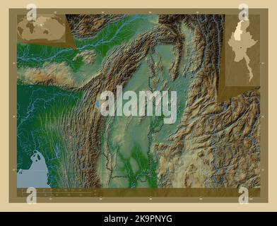 Sagaing, division of Myanmar. Colored elevation map with lakes and rivers. Corner auxiliary location maps Stock Photo