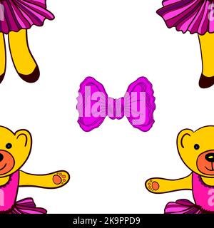 Seamless hand drawn cartoon pattern with cute dancing bear wearing ballet skirt. Wallpaper design for kids Stock Vector