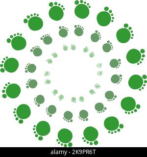 Abstract design in green colors. Environmental motifs. Cartoon style footprints. Round pattern. Stock Vector