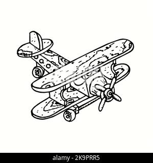 Wooden toy plane. Ink black and white doodle drawing in woodcut style Stock Photo