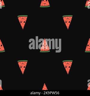 Seamless pattern with the funny watermelon slices with eyes and smile. Vector illustration in cartoon style Stock Vector