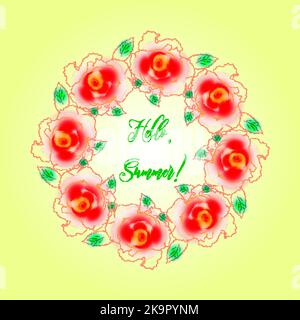 Hello Summer card. Rose wreath or border. Floral detail for summer design. Stock Vector
