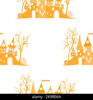 Happy halloween seamless background with haunted house, trees and cute ghosts. Vector illustration. Decorative pattern for advertisement, card, flyer, Stock Vector