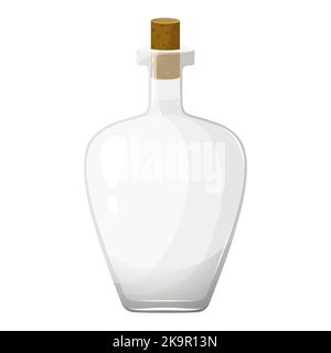 Empty glass bottle with cork stopper for water, wine or oil. Magic blank vessel for potions. Empty jar for milk, vinegar or juice. Flat design vector Stock Vector