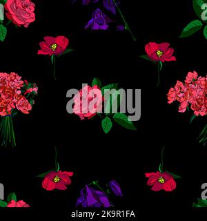 Seamless background with hand drawn floral and herbal elements. Campanula, aquilegia and rose flowers. Stock Vector