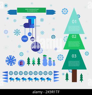 Vector design elements in flat style. Christmas gifts, snowflakes and fir tree. Stock Vector