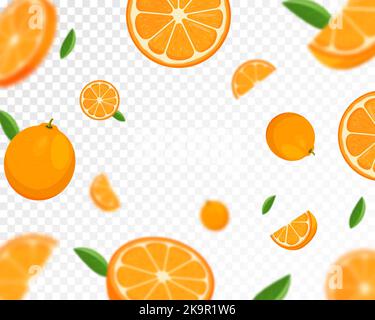 Orange citrus background. Flying orange with green leaf on transparent ...