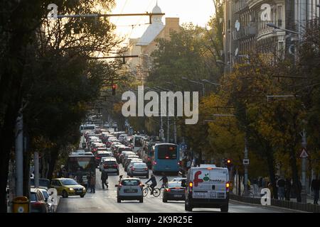 Bucharest, Romania - October 18, 2022: Cars in traffic at rush hour on Regina Elisabeta Boulevard. Stock Photo