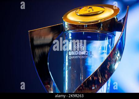 Bucharest, Romania - October 18, 2022: 2023 Under-21 EURO final tournament draw. This image is for editorial use only. Stock Photo