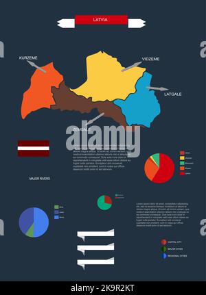 Latvia map, vector infographic set on dark background Stock Vector
