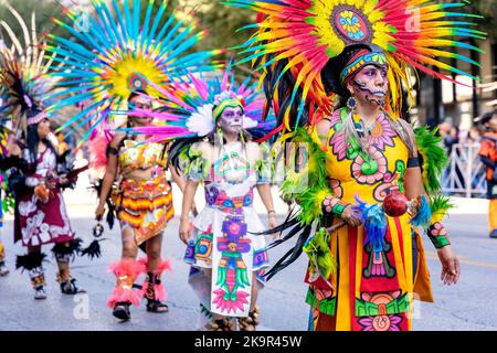 Viva la Vida Day of the Dead (Dia de los Muertos) Parade in Austin, Texas hosted by the Mexicarte Museum. Stock Photo