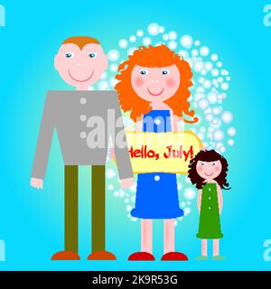 Vector design elements in flat style. Family with board. Hello, July quote. Stock Vector