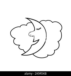 Contour iillustration of moon and clouds stars in doodle style. Coloring book page element Stock Vector