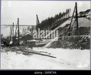 The bridge construction across the Öre River on March 2 from the downstream side with the old bridge in the background. Stock Photo