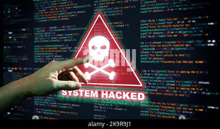 Hand Pointing Abstract Modern tech of Programming code screen with Warning alert of System hacked. Virus, Malware, Cyber attack, and Internet cyber se Stock Photo