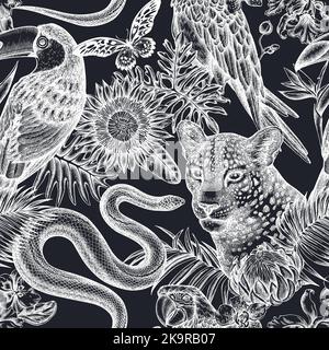 Tropical animals seamless pattern background design. Engraved style. Hand drawn leopard, snake, toucan, scarlet macaw, african giant swallowtail Stock Vector