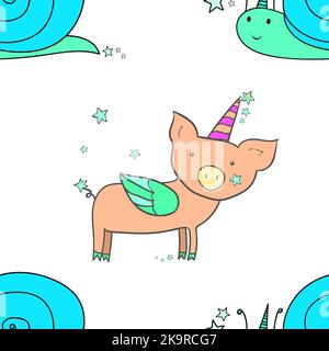 Seamless pattern. Snail and pig with wings and horn. Cute cartoon character. Design element. Decorative background. Stock Vector