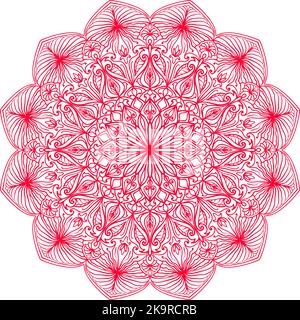 Hand drawn doodle mandala. Ethnic round lacy pattern with colorful ornament. Isolated illustration in pink color. Stock Vector